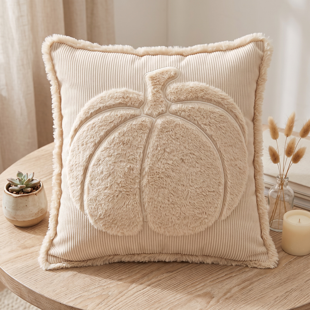 Forro de cojín calabaza de felpa beige, 45x45cm.
