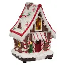 Casa Navideña Candy poliresina, con luz led y musica. USB. Ref:ES29009 (11.5x10x15.5cm)