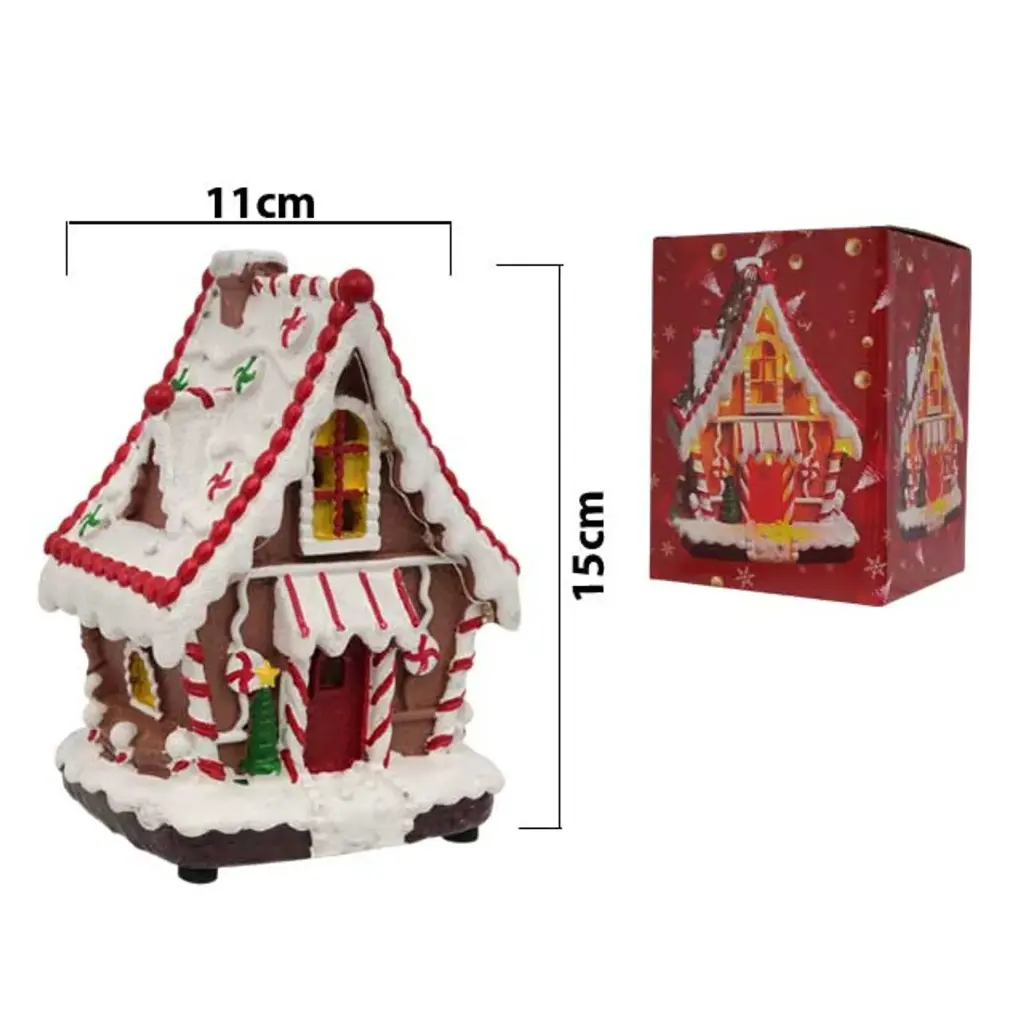 Casa Navideña Candy poliresina, con luz led y musica. USB. Ref:ES29009 (11.5x10x15.5cm)
