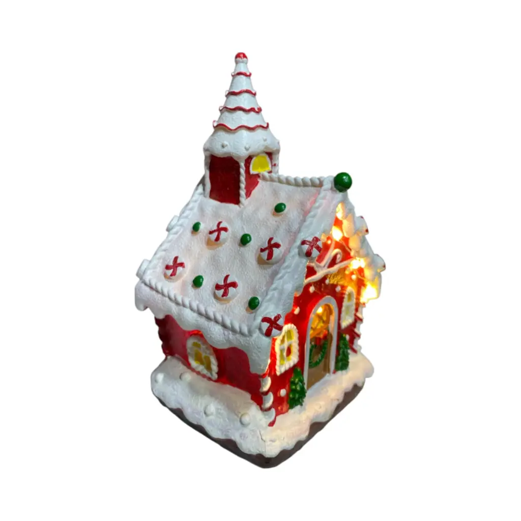 Casa Navideña Candy poliresina, con luz led y musica. USB. Ref:ES29009 (11.5x10x15.5cm)