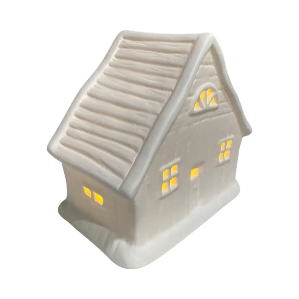 Casa navideña blanca de cerámica con luz led, 11.5x8x12cm. Ref: TG3603