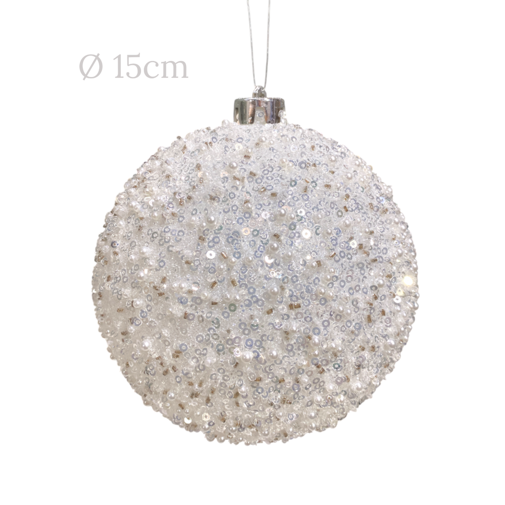 Esfera Navideña Blanca Ø15cm con perlas y lentejuelas. Ref:ES26685