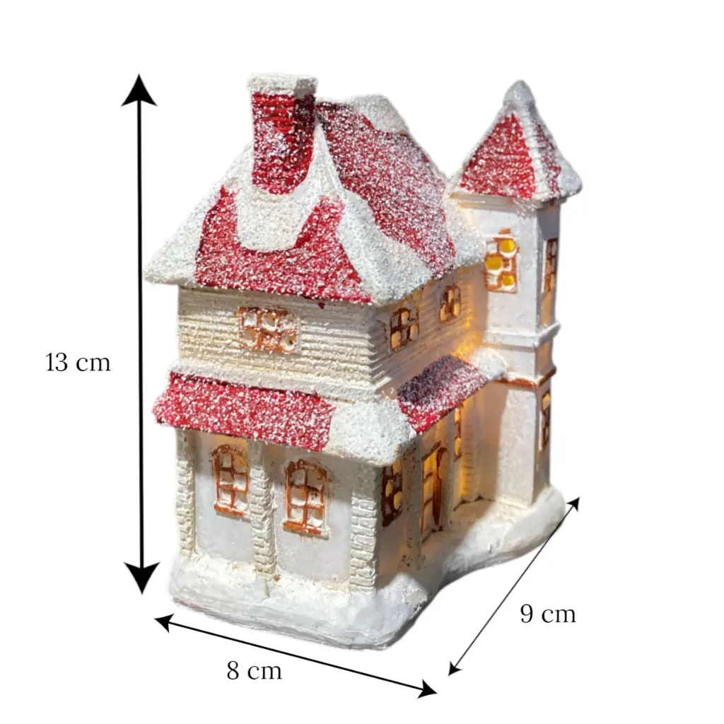 Casa Navideña con luz led, poliresina.9x8x13cm. Ref:CS24343 
