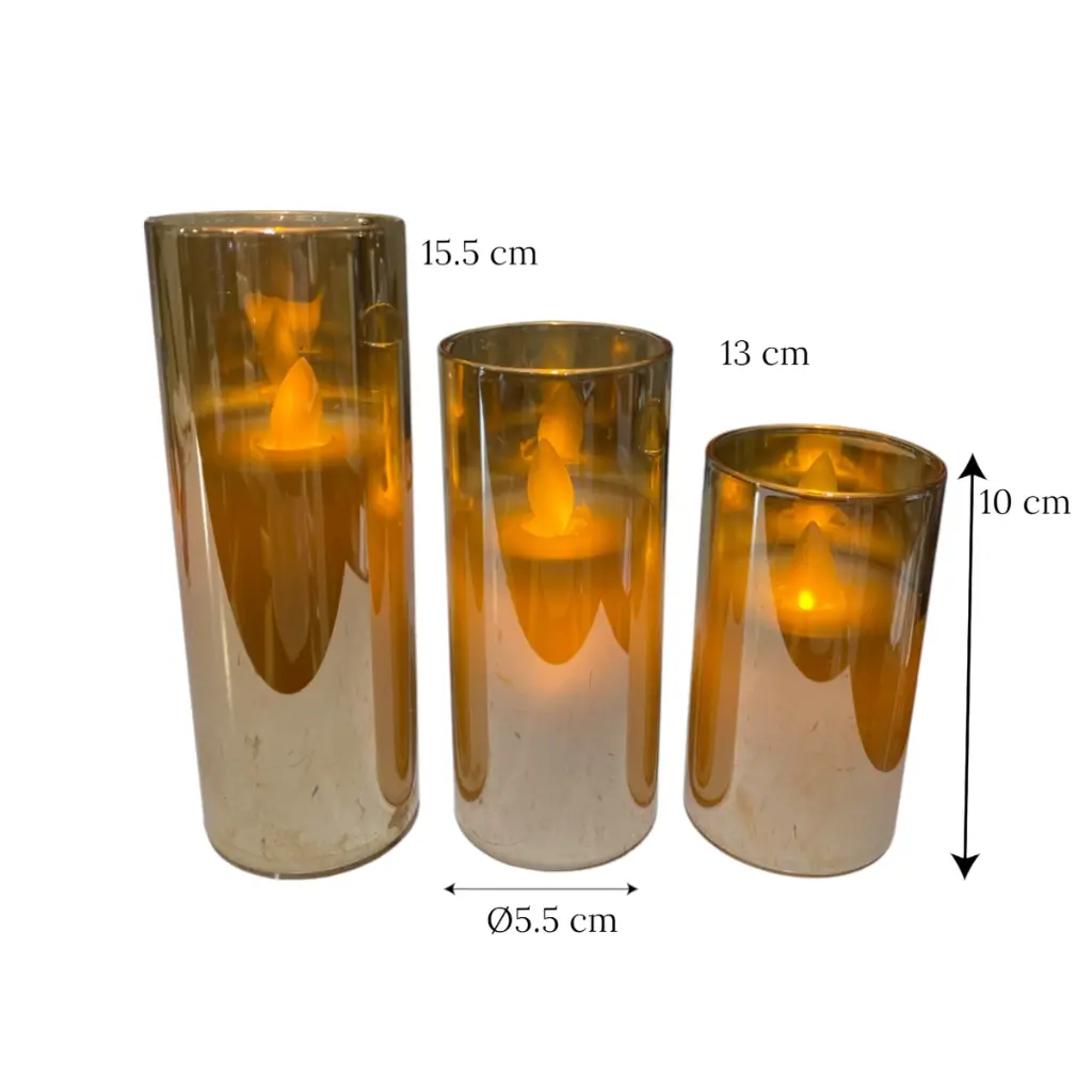 Velas candelabro de vidrio ámbar, led. Set x 3pcs.  Ø5.5cm x15.5, 13 y 10cm