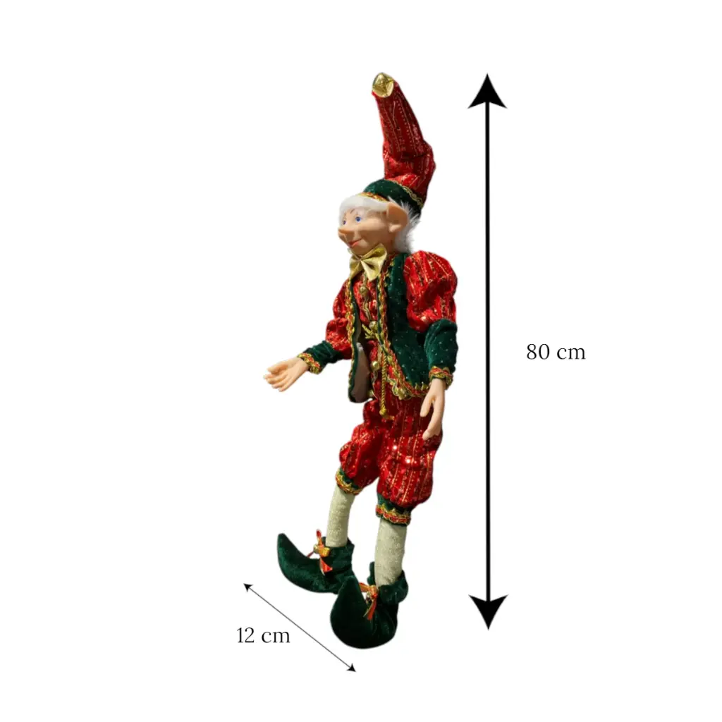 Elfo Navideño rojo con verde Terciopelo, 30x12x80cm    