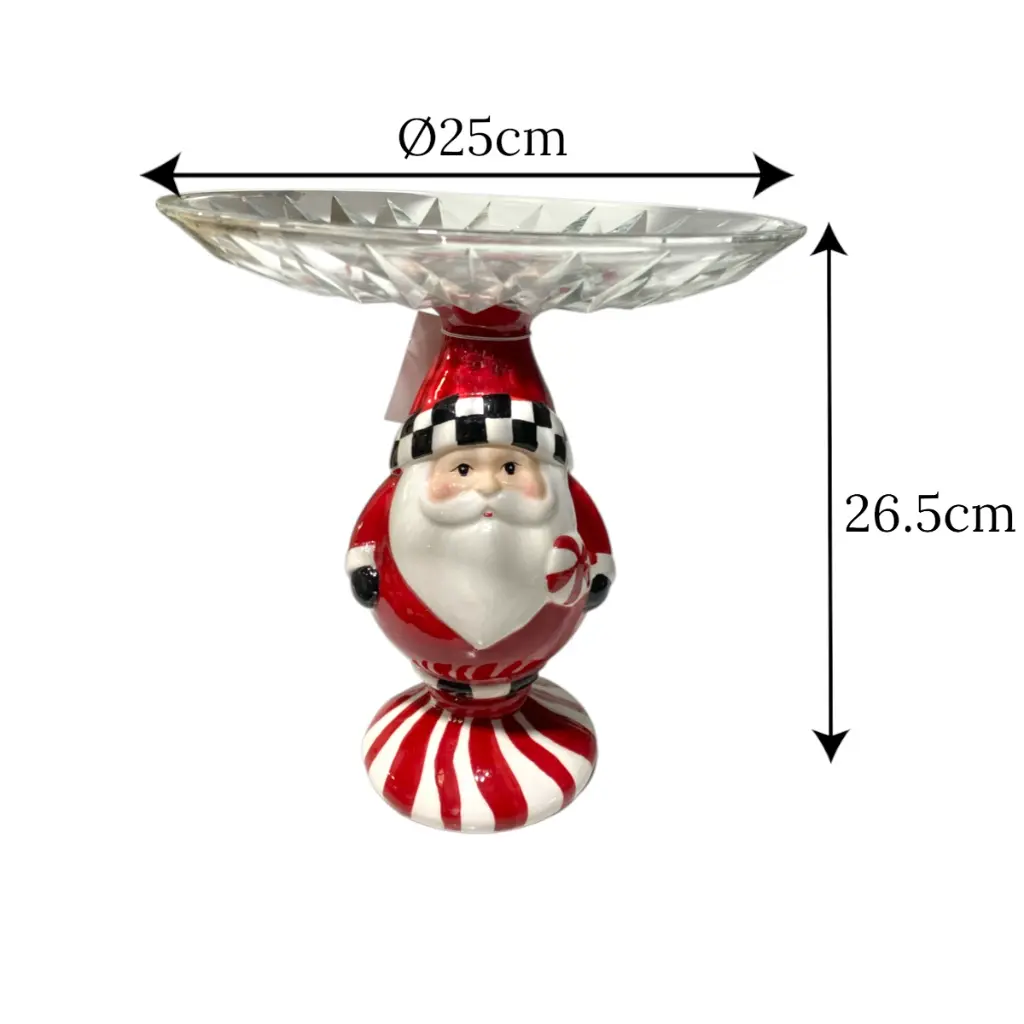 Porta bocaditos navideño Noel de cerámica con bandeja de vidrio. Ø25cm x 26.5cm