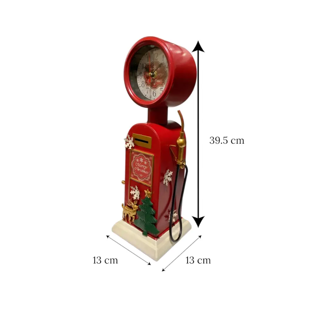 Reloj Navideño surtidor vintage de gasolina, metálico. 13x13x39.5cm 