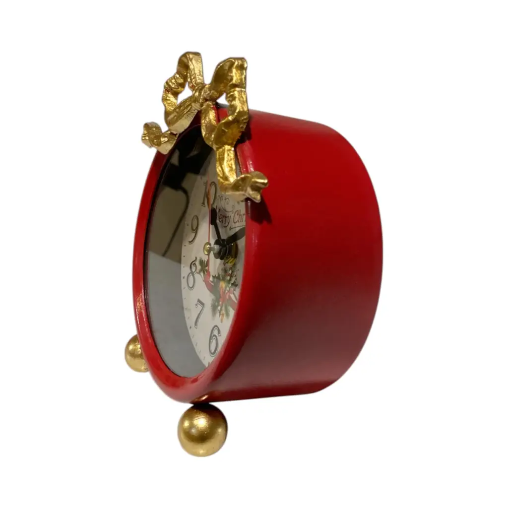 Reloj Navideño Lazo Dorado con Rojo, metálico. 13x7x16cm  