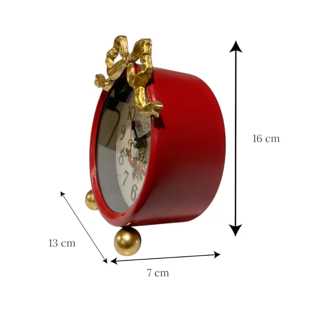 Reloj Navideño Lazo Dorado con Rojo, metálico. 13x7x16cm  