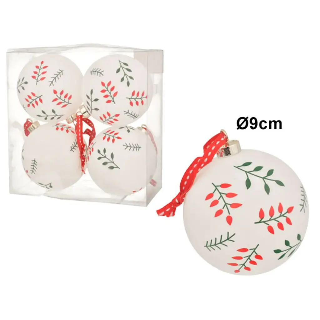 ESFERA NAVIDAD BLANCA/RAMAS ROJAS VERDES, SETX4. ES26811, Ø9CM