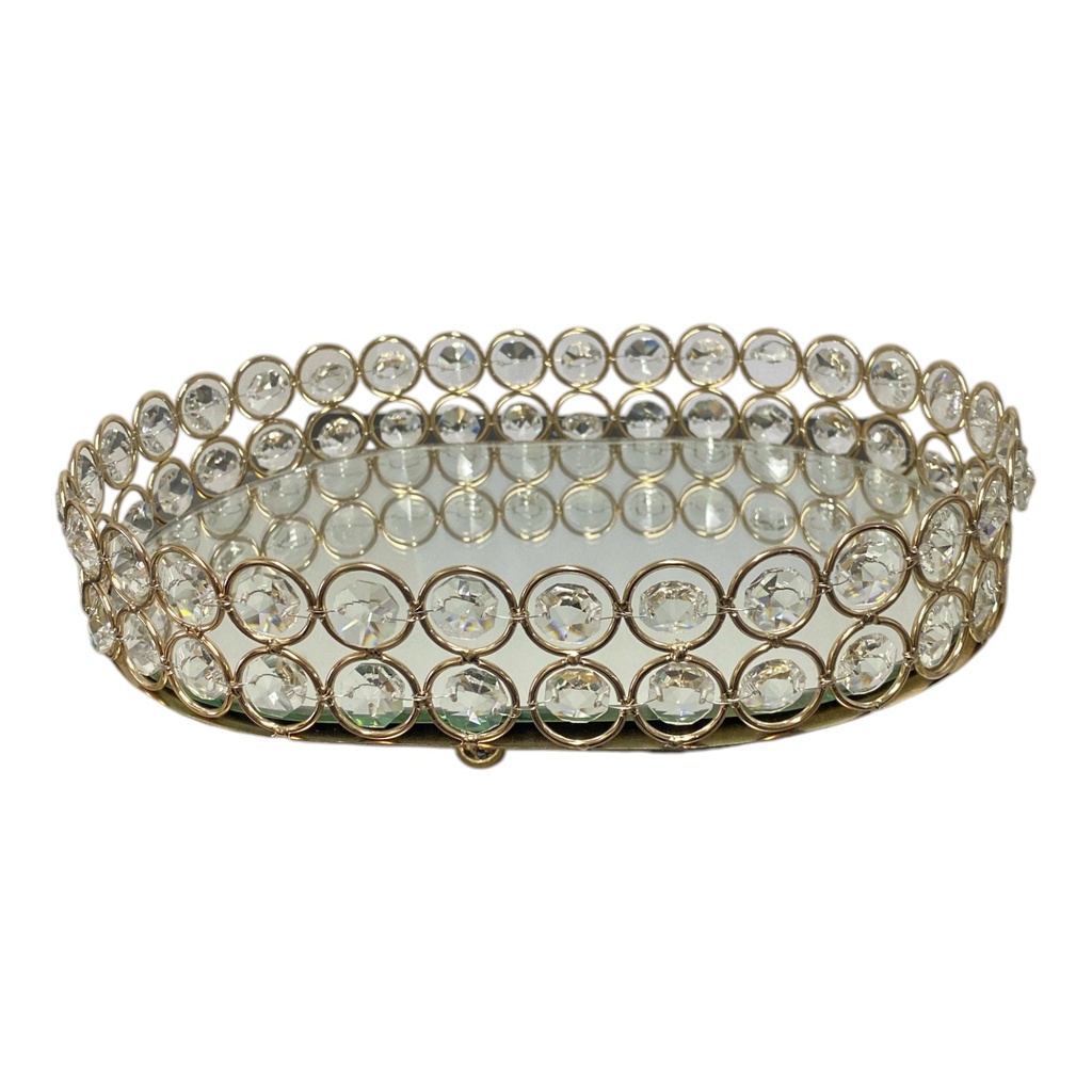 BANDEJA DECORATIVA DORADA OVALADA HERTA METAL CON ESPEJO 25CM