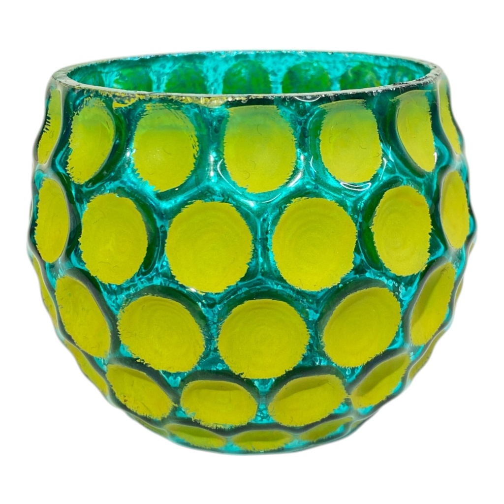 MACETERO VIDRIO TURQUEZA C/BOLITAS COLOR LIMON 12X10CM