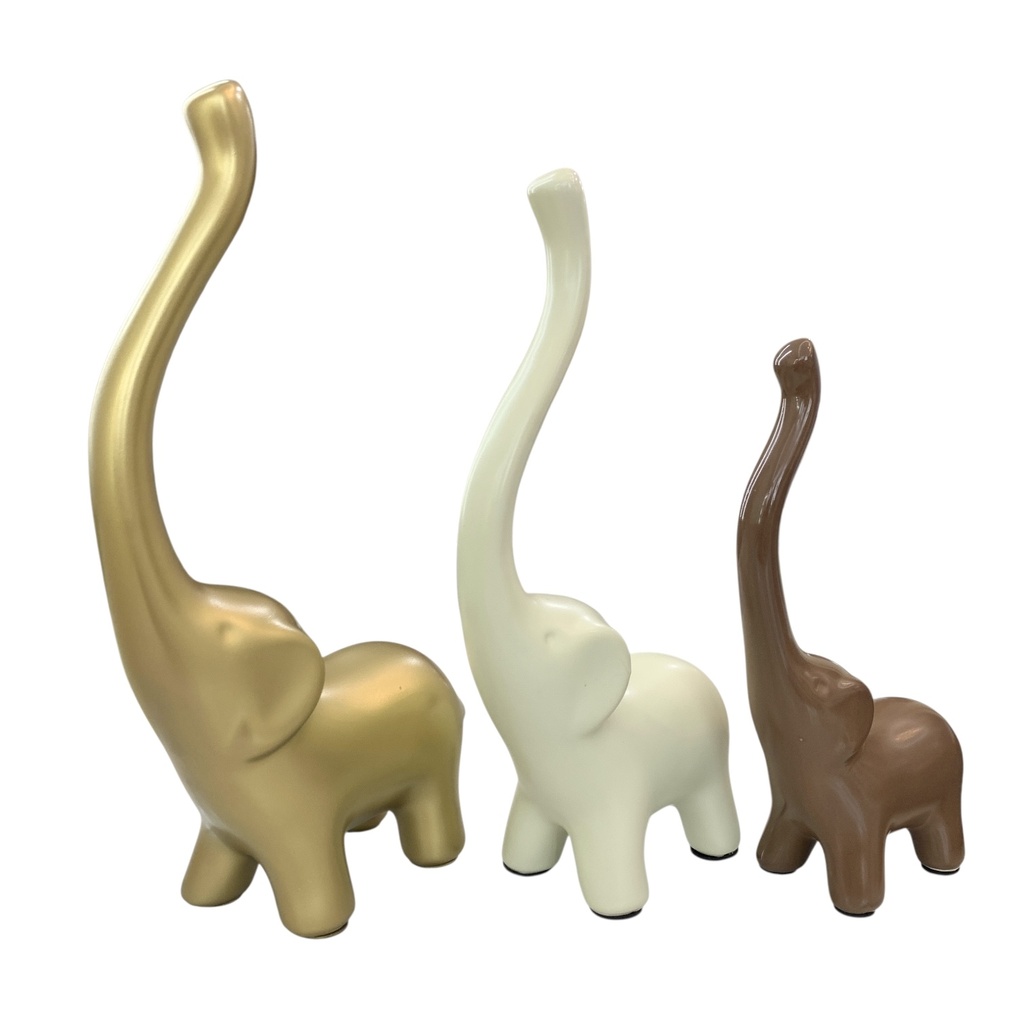SET DE 3 ELEFANTES MINIMALISTAS DOR/BLA/CAF PORCELANA 21X13CM, 26.5X14.5CM, 29X16CM