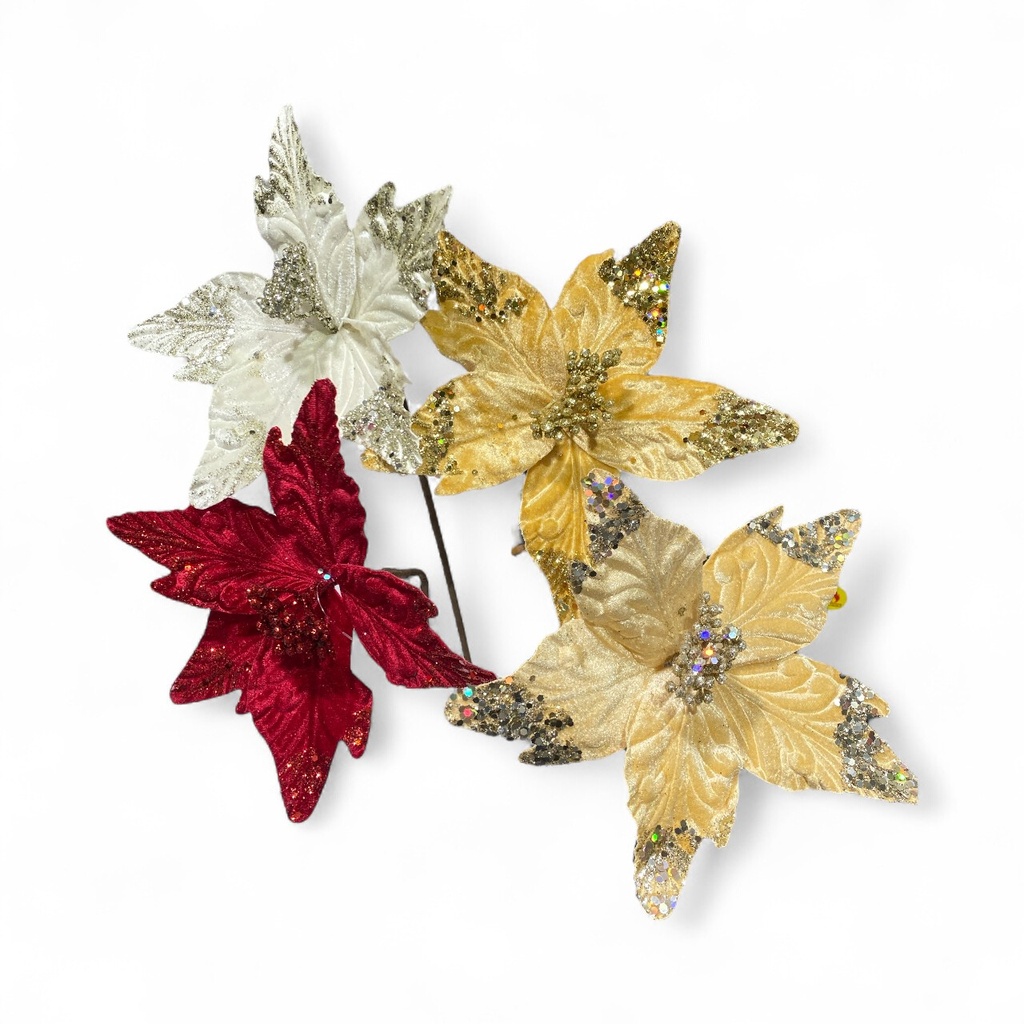 FLOR NAVIDEÑA COLORES SURTIDOS ROJO, DORADO, BLANCO, BEIGE. REF: ZHX-2023034 Ø22CM