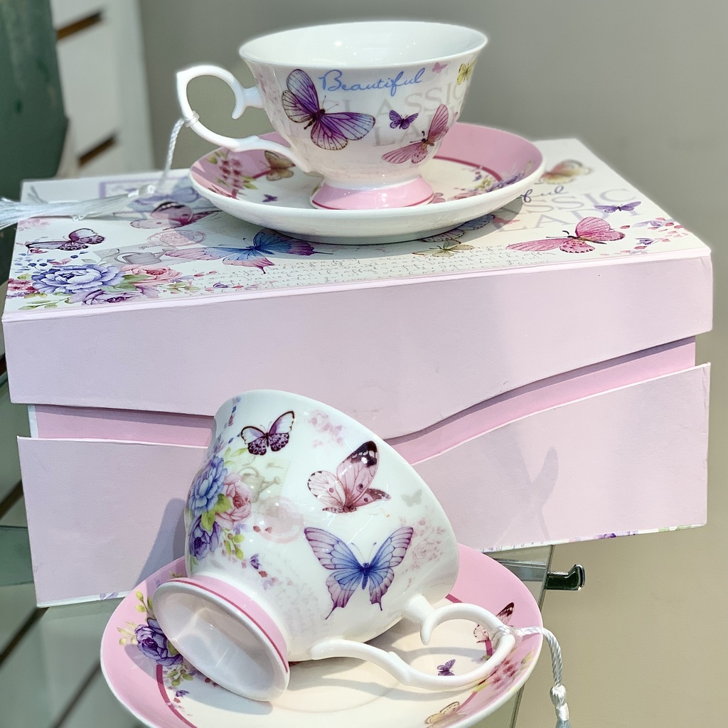 SET DE TAZAS MARIPOSA LILA PORCELANA JUEGO DE 4PIEZAS TAZA/PLATO