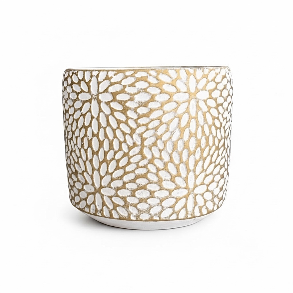 MACETA DORADA HOJAS BLANCAS PEQUEÑA CERAMICA 10X10CM