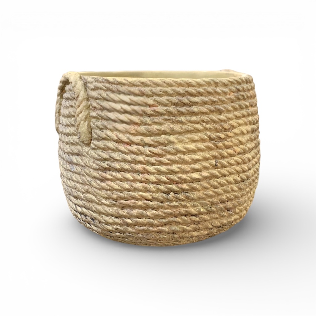 MACETA CANASTA TEJIDA CAFÉ CERAMICA PEQUEÑA 14X10CM