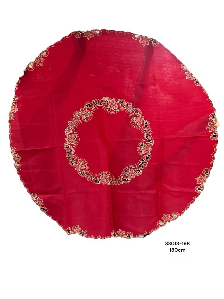 MANTEL REDONDO ROJO BORDE FLORAL 180CM