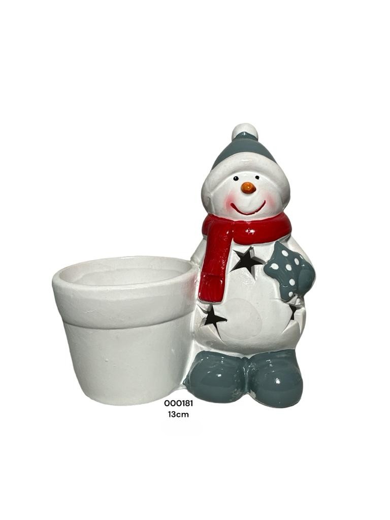 MACETA BLANCA MUÑECO DE NIEVE CON LUZ 13X13CM