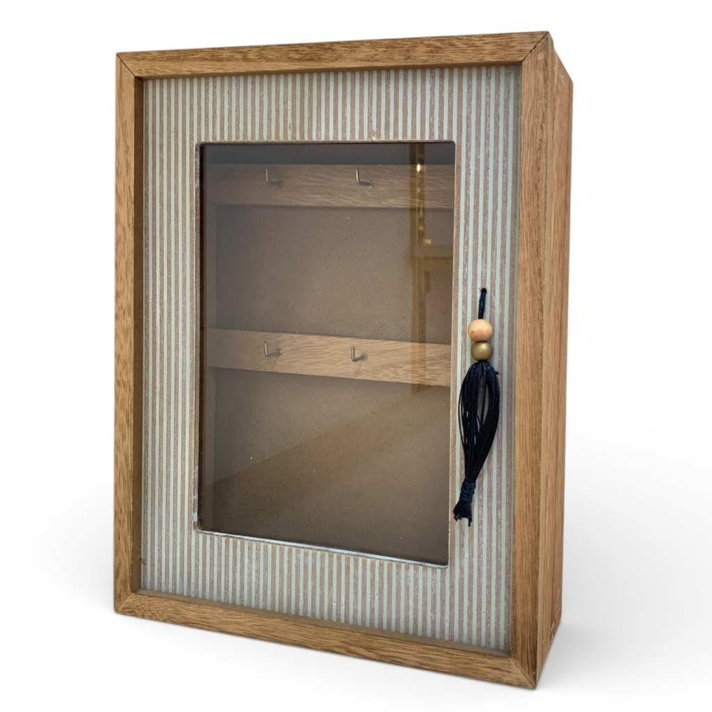 PORTALLAVES CON PUERTA DE VIDRIO LINEAS CELESTE 21X6.5X26CM