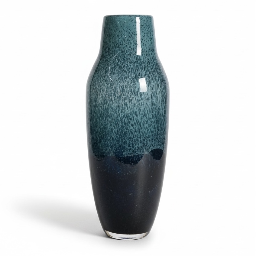 FLORERO DE VIDRIO AZUL VERDE-JADE MOTEADO 18X44CM