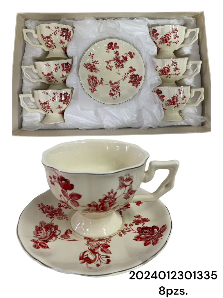 SC13959 SET DE TAZAS CON PLATO 8PZ. PORCELANA ROJO
