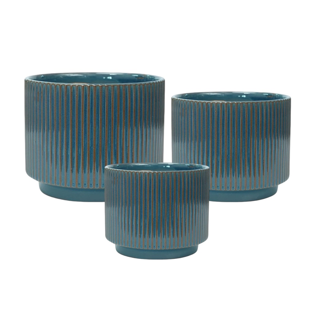 SET DE 3 MACETA LINEAS TURQUEZA CERÁMICA 20X16CM, 16X14CM, 13X12CM   SC16243 
