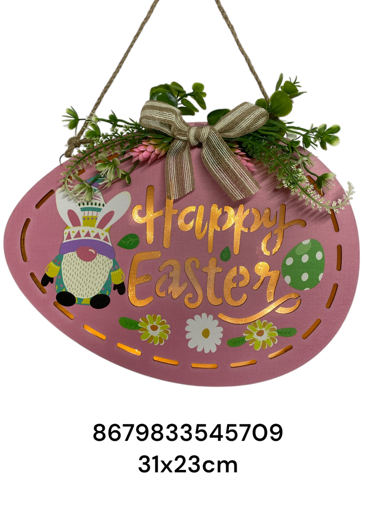 LETRERO C/LUZ HAPPY EASTER ROSADO 31X23CM