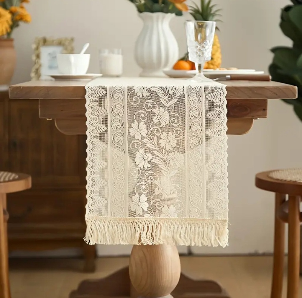 CAMINO DE MESA BEIGE DE ENCAJE 30X220CM