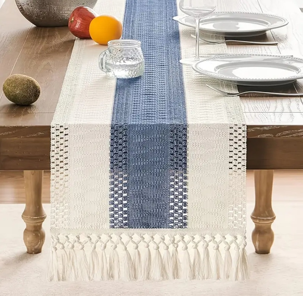 CAMINO DE MESA BEIGE/AZUL BOHO RAYAS Y BORLAS 30X183CM