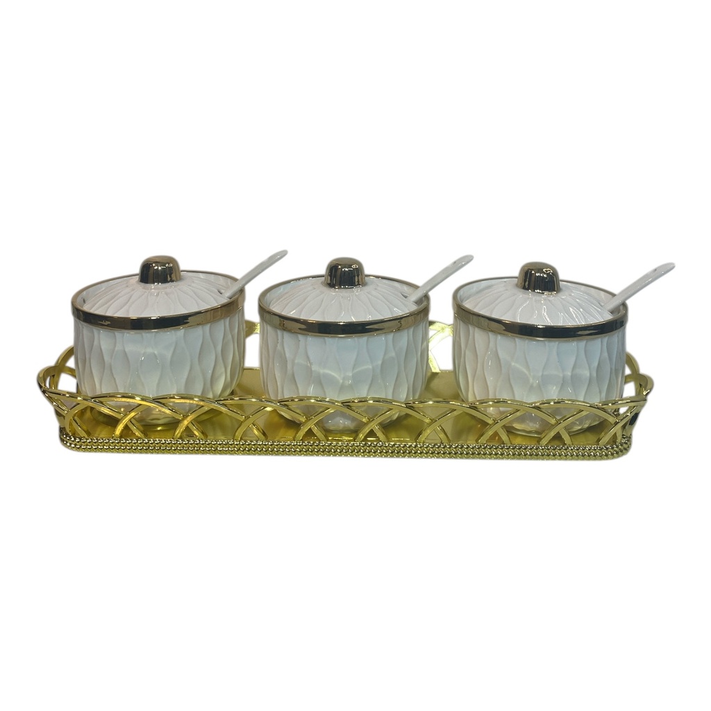 SET DE CONDIMENTEROS CERAMICA 3PCS. CON BASE DORADA PVC, 31X12X10CM