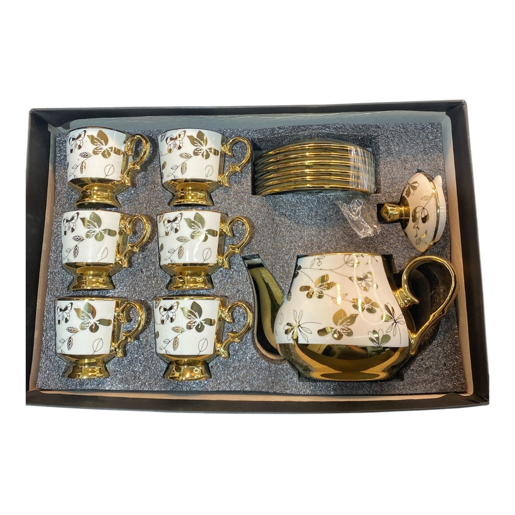 SET DE TETERA Y TAZAS DORADAS CON FLORES DE PORCELANA 14PCS.