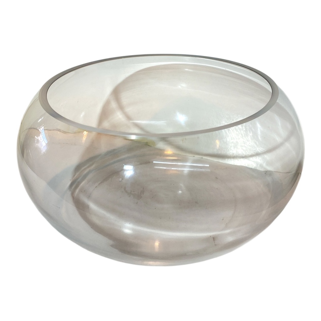 FUENTE, FLORERO DE VIDRIO REDONDA 30CM DIAMETRO X 14CM ALTO.