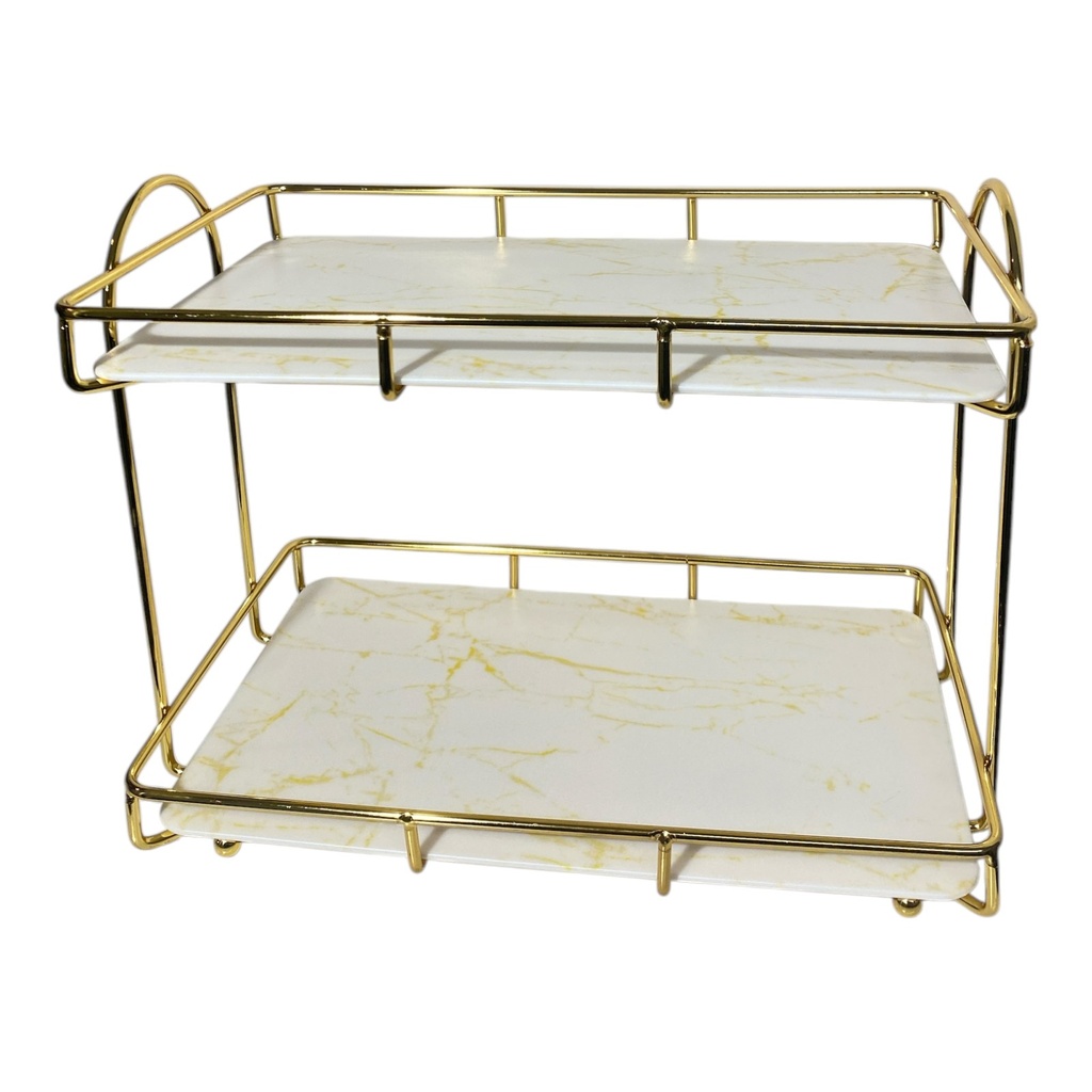 REPISA DE 2PISOS METALICA DORADO CROMADO CON BASE DE PVC IMITACION GRANITO. 31.5X18.5X24CM