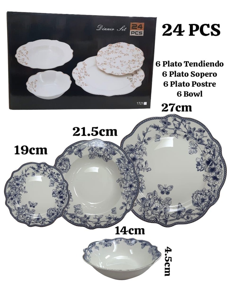 JGO DE VAJILLA PORCELANA BLUE DECOR 24PCS