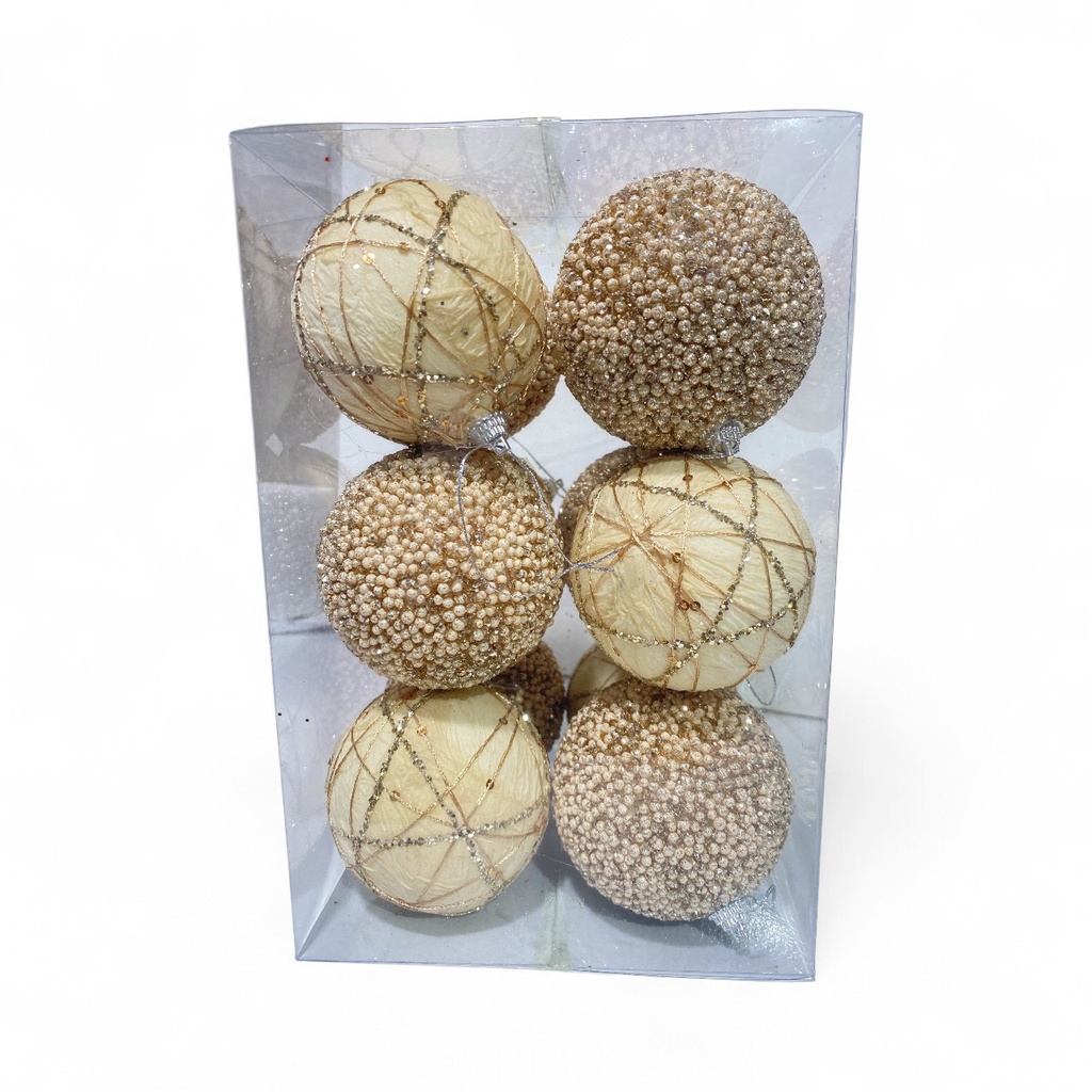 ESFERA NAVIDAD 8CM BEIGE/CHAMPAGNE SETX12PZ. REF:ES26660  15.5X1.5X24CM