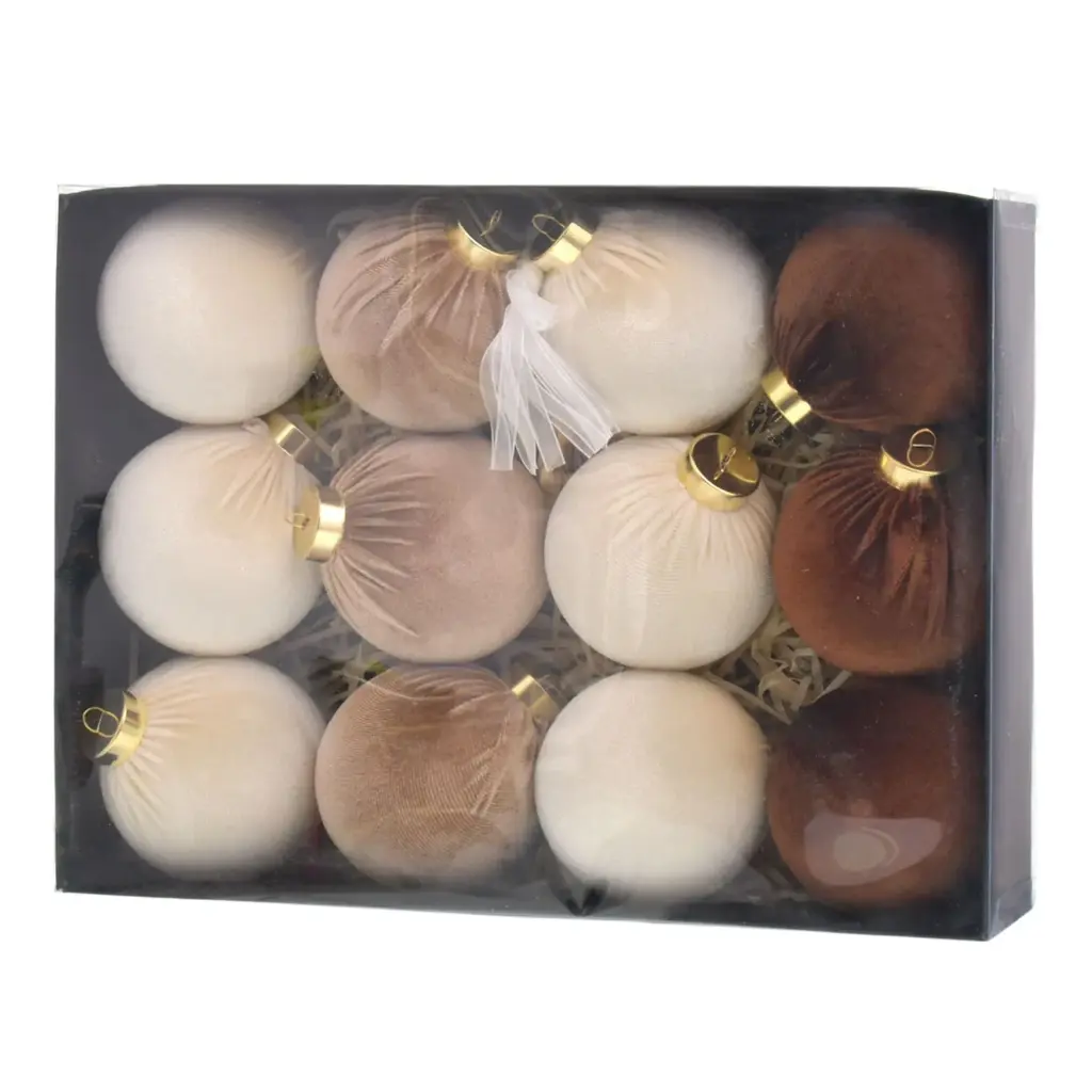 ESFERA NAVIDAD 8CM BEIGE/CAFE GAMUZADAS X12PZS. REF:ES26670 32X24
