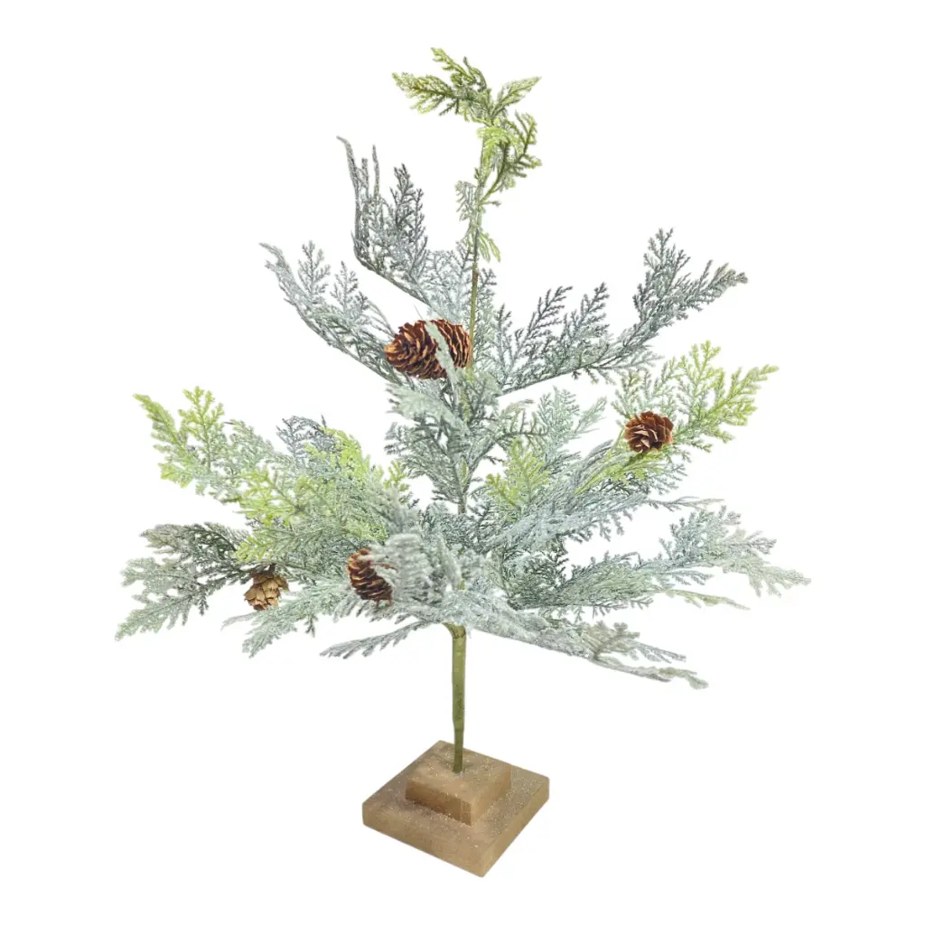 Árbol nevado con bellotas, base de madera. 38x38x50cm.