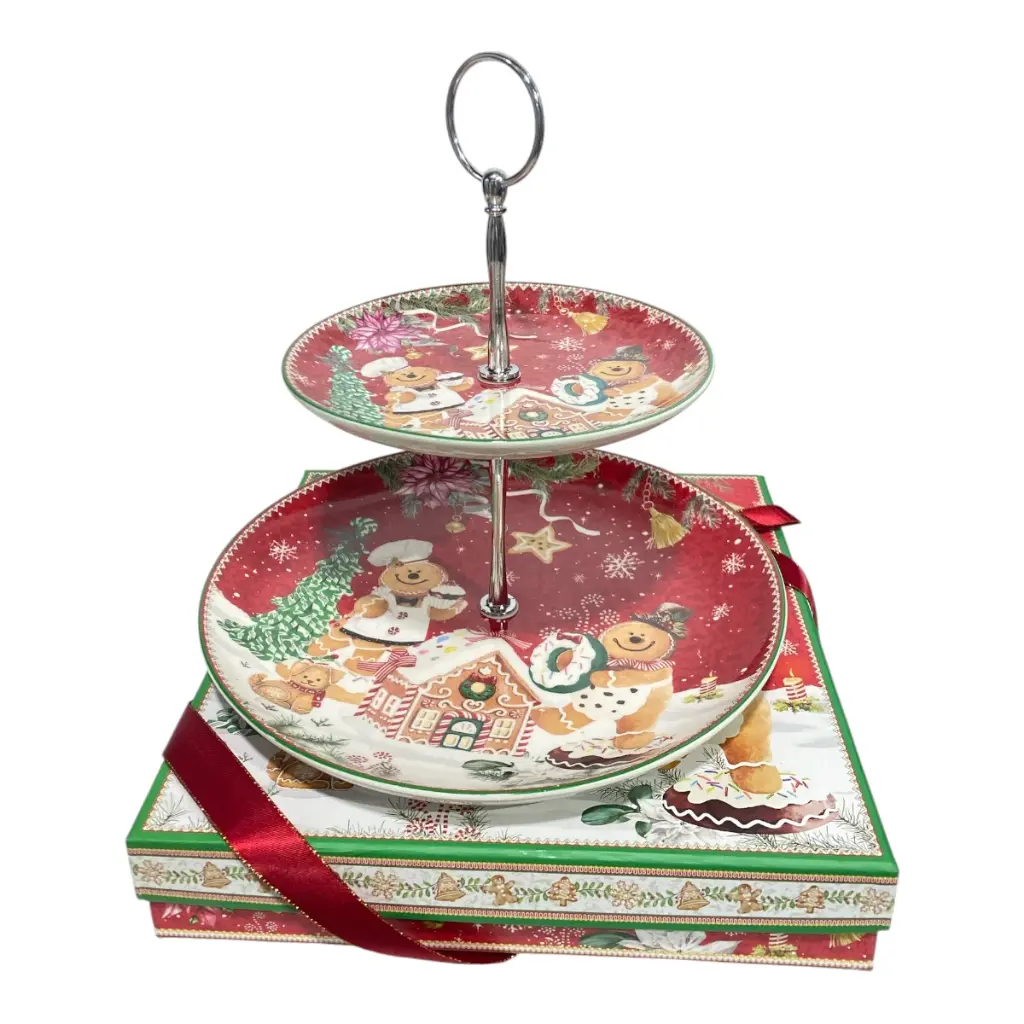 PORTA BOCADITOS NAVIDEÑO JENGIBRE 2PISOS PORCELANA  23X23CM