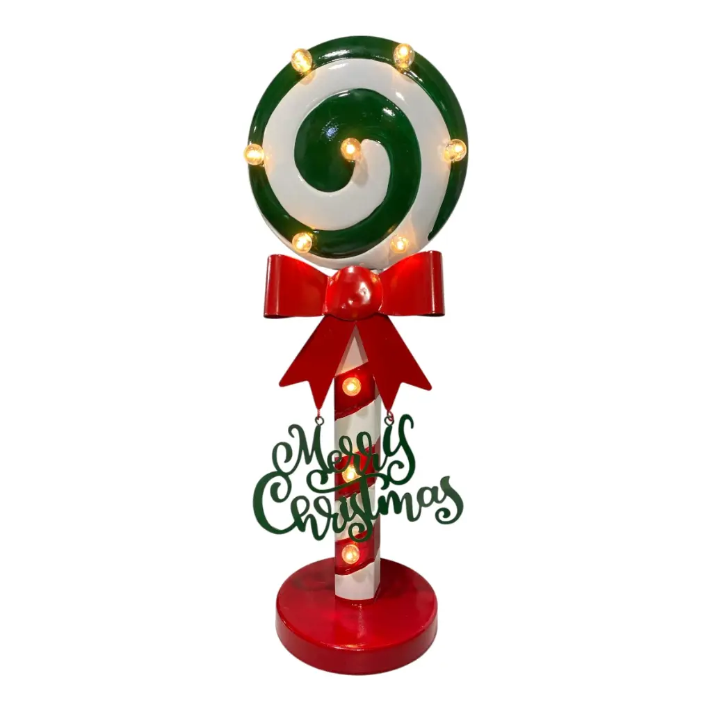 CARAMELO MERRY CHRISTMAS METALICO C/LUZ LED A PILA 14X17X48CM