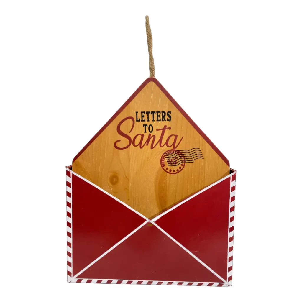 BUZON NAVIDEÑO LETRERO TO SANTA SOBRE ROJO, METALICO Y MADERA 24X3.5X30CM