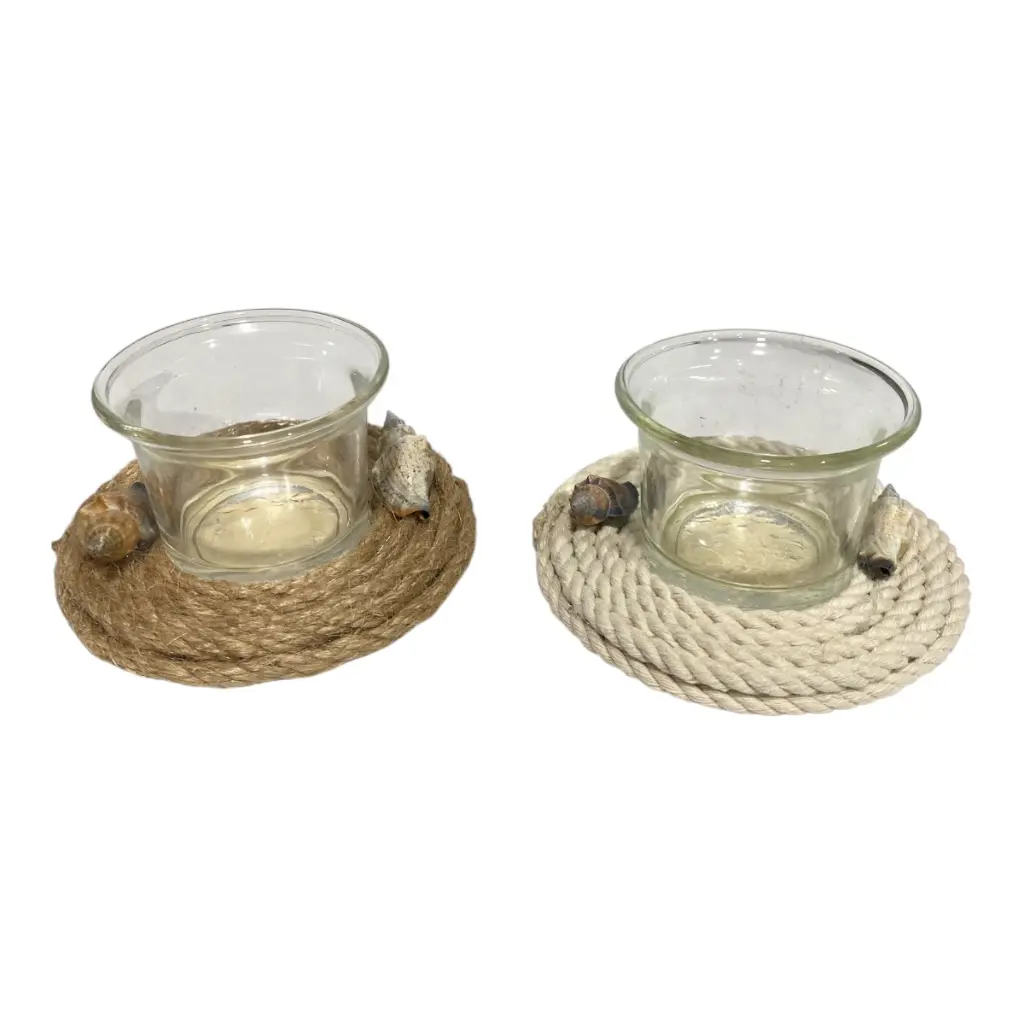 CANDELABRO DE VIDRIO BASE DE MADERA Y YUTE CON CARACOLES 10X5CM, DOS MODELOS C/U