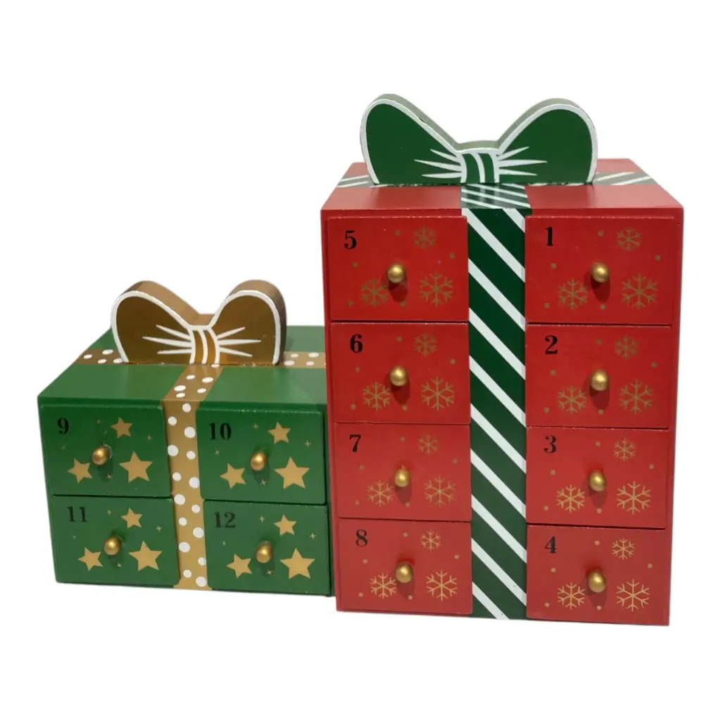 CALENDARIO NAVIDEÑO CAJA DE REGALO MADERA ROJO/VERDE 32X13X26CM