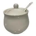 AZUCARERA DE PORCELANA BLANCA CON TAPA Y CUCHARA 9X9CM
