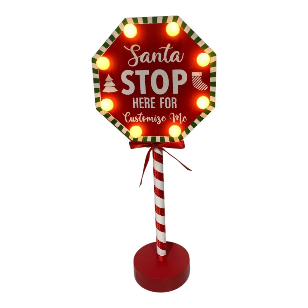LETRERO NAVIDEÑO MADERA CON LUZ LED A PILAS "SANTA STOP HERE" 15X34CM