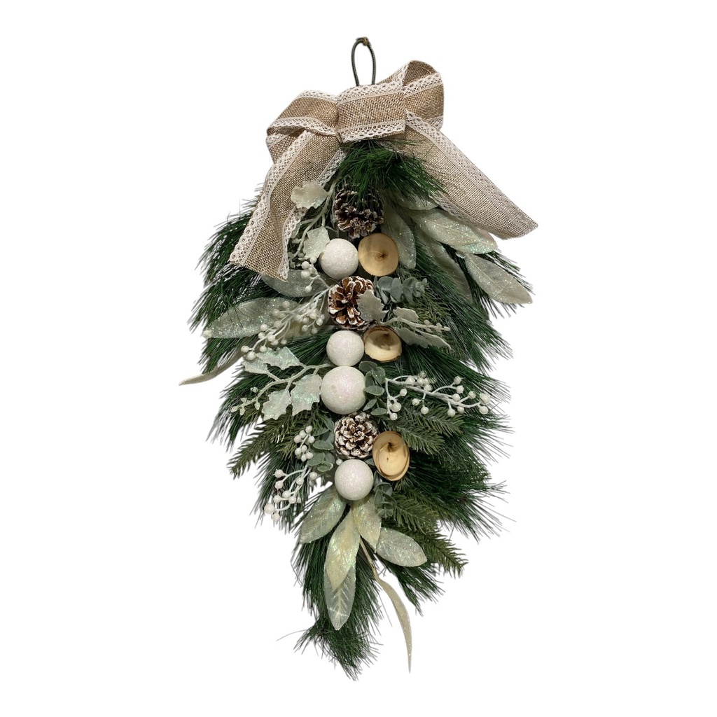 COLGANTE NAVIDEÑO DE PIÑAS Y BOLITAS BLANCAS CON LAZO 65CM 