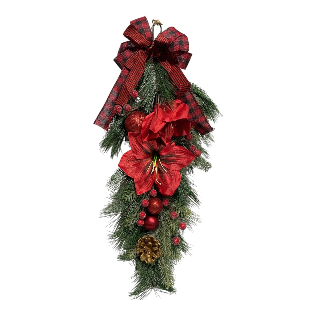 COLGANTE NAVIDEÑO DE PIÑAS Y BOLITAS ROJAS CON LAZO 65CM  