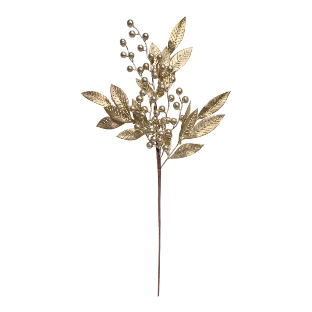 RAMA NAVIDEÑA HOJAS CON BOLITAS CHAMPAGNE 65CM