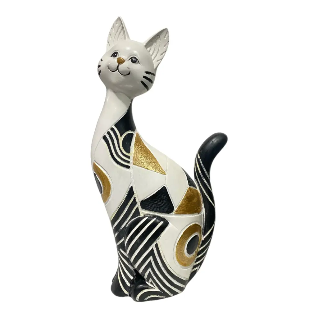 GATO DECOR POLIRESINA BLANCO/NEGRO DORADO 17X8X33CM