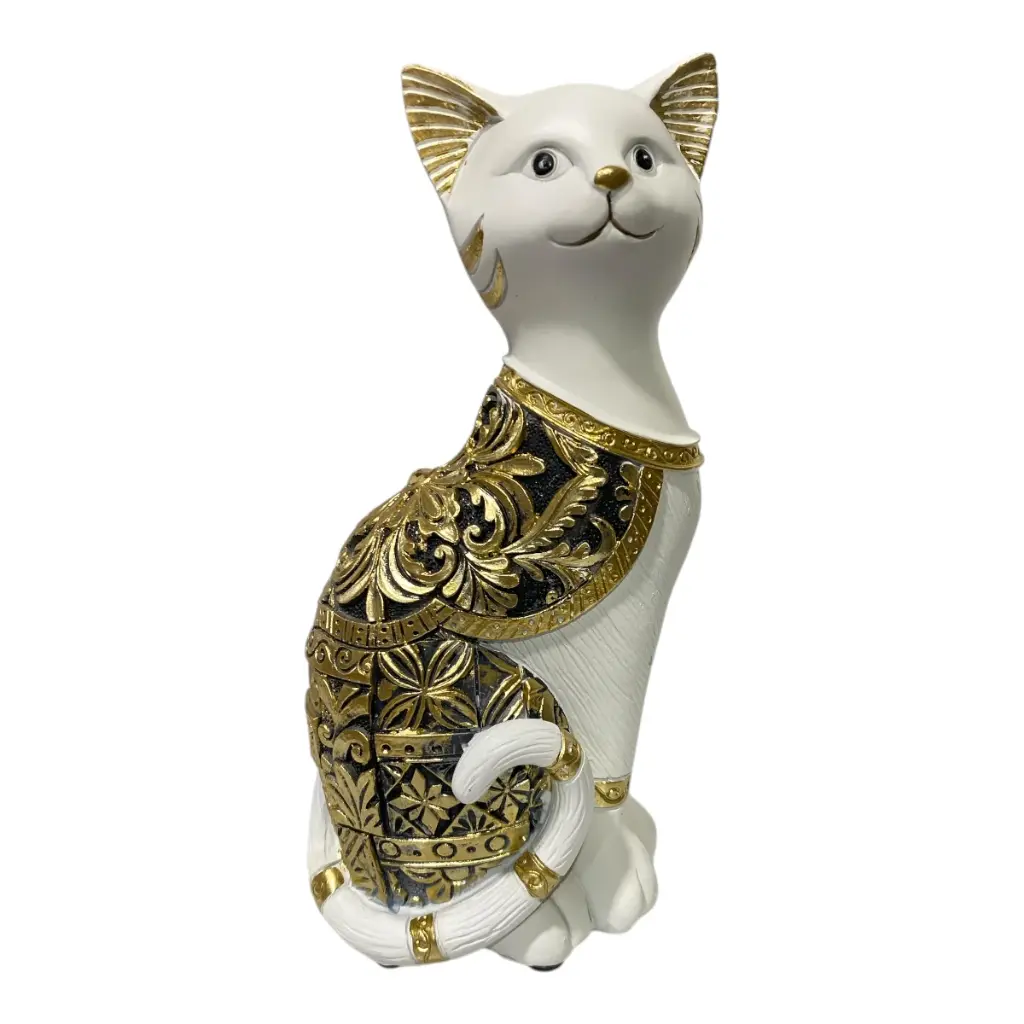 GATO DECOR POLIRESINA BLANCO/NEGRO DORADO 10X8X23CM